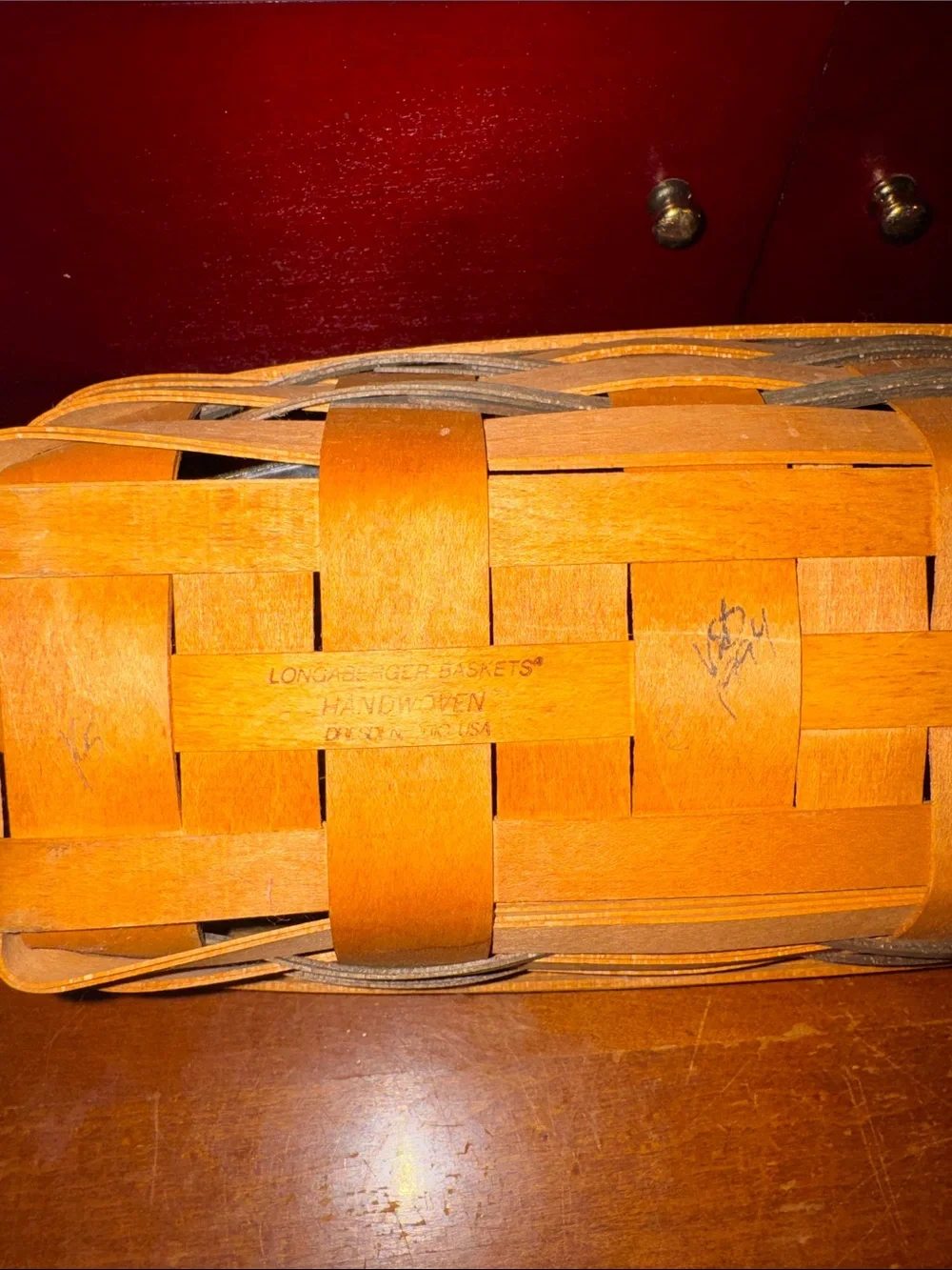 Vintage Loungaberger Handwoven Wood Basket Organizer in Light Brown